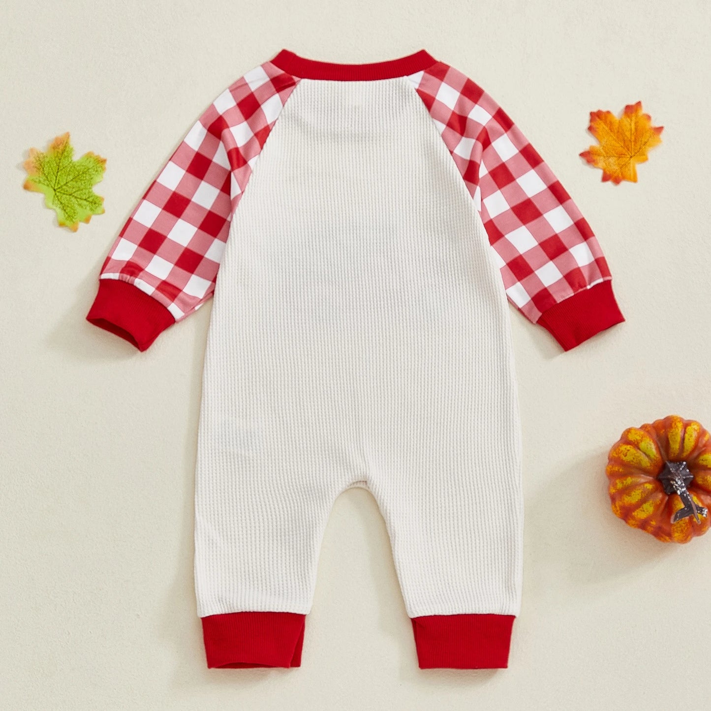 Baby Girl Boy Thanksgiving/Christmas Casual Jumpsuit Long Sleeve Round Neck Car Truck Pumpkin Christmas Tree Embroidery Plaid Romper