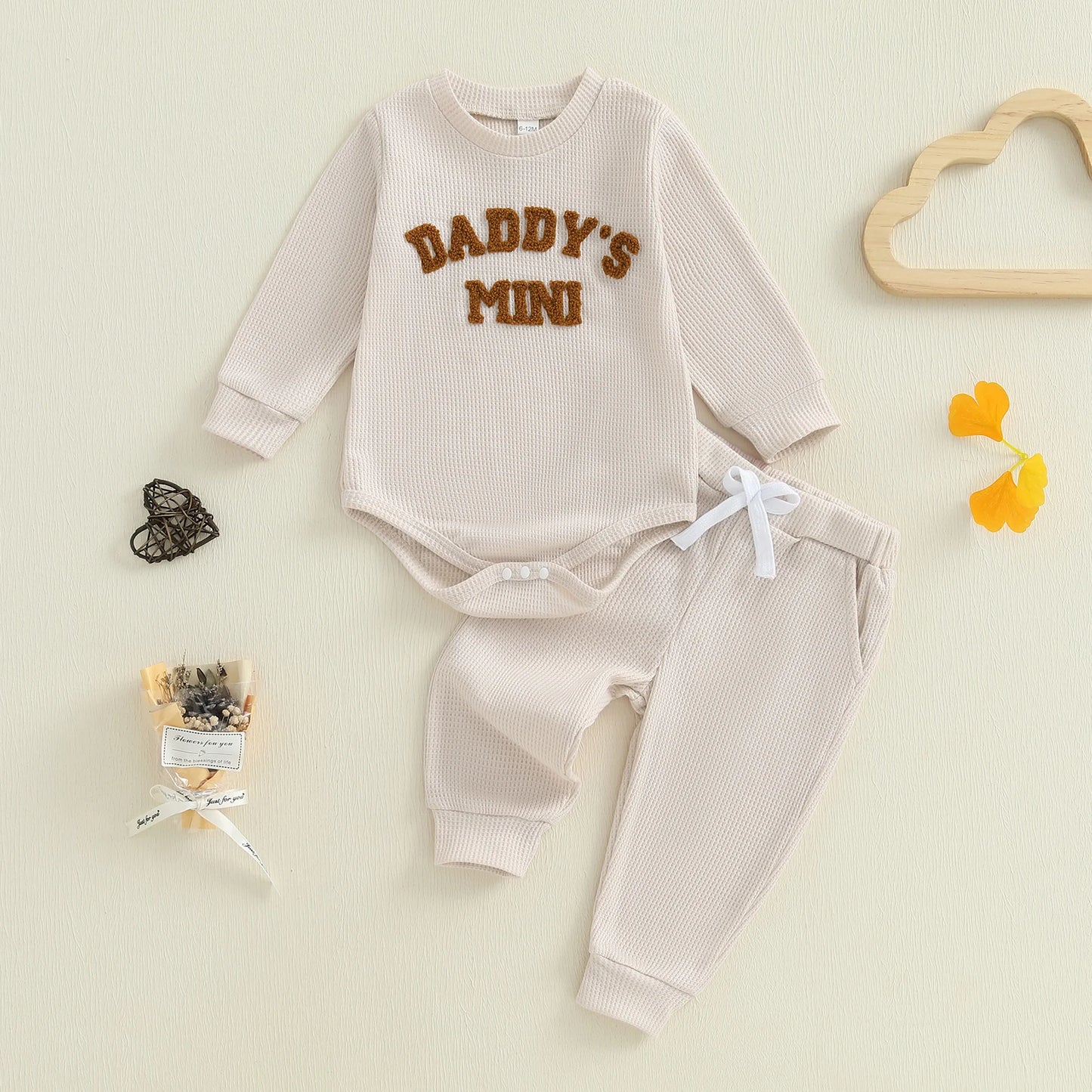 Baby Boy 2Pcs Daddy's Mini Fall Outfit Letter Embroidery Long Sleeve Romper Elastic Waist Jogger Pants 2Pcs Set