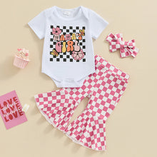 Load image into Gallery viewer, Baby Girl 3Pcs Spring Clothes Mama&#39;s Girl Short Sleeve Romper + Flared Checker Pant + Headband
