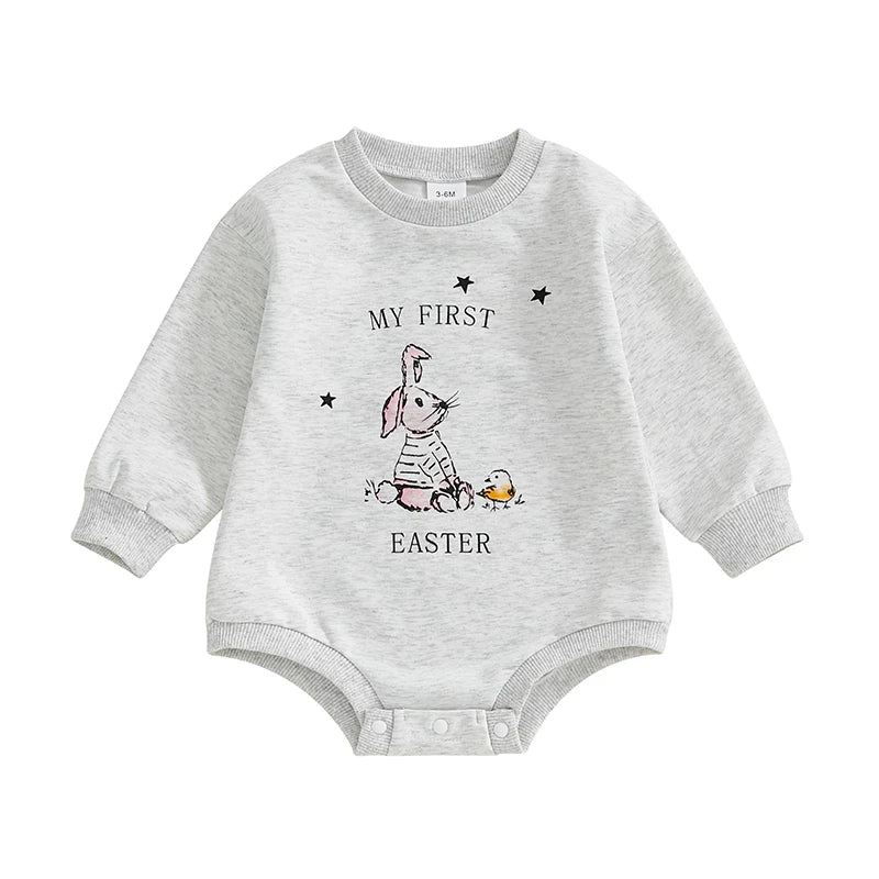 Baby Boys Girls My First 1st Easter Bubble Romper Bunny Rabbit Letter Pattern Long Sleeve Crew Neck Jumpsuit