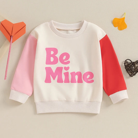 Toddler Baby Girl Valentine's Day Outfit Be Mine Long Sleeve Color Block Crewneck Pullover Casual Top