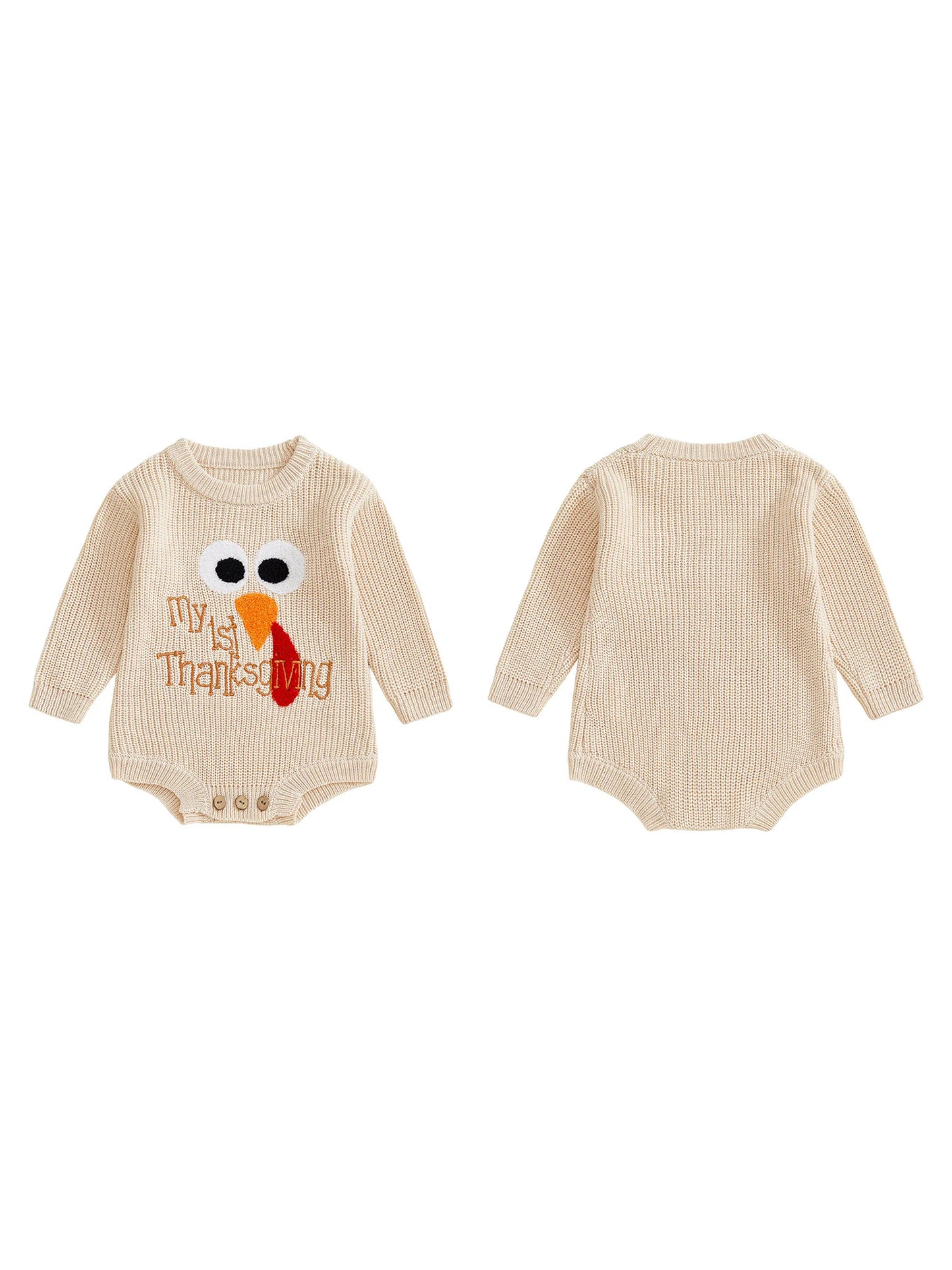 Baby Boys Girls My First Thanksgiving Romper Turkey Embroidery Long Sleeve Crew Neck Knit Bodysuit Romper
