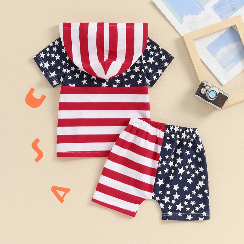 Toddler Baby Boy Girl 2Pcs 4th of July Outfit Short Sleeve Stars and Stripes Flag Print Hooded Top + Shorts Set Clothes