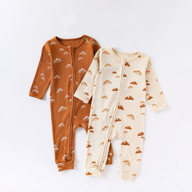Baby Boy Girl Autumn Winter Clothes Zipper Cotton Romper Croissant Print Long Sleeve Jumpsuit Cute Outfit