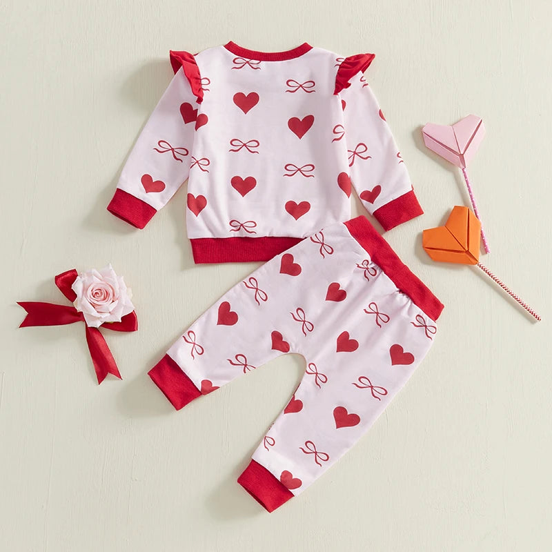 Baby Toddler Girls 2Pcs Valentine's Day Outfit Bow Heart Print Ruffle Long Sleeve Top and Elastic Jogger Pants Valentines Set