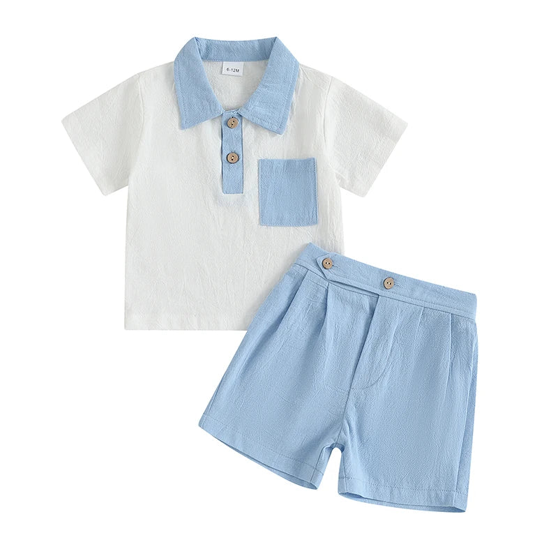 Baby Toddler Boys 2Pcs Summer Outfit Contrast Color Button Turn Down Collar Short Sleeve Shirt Top with Shorts Set