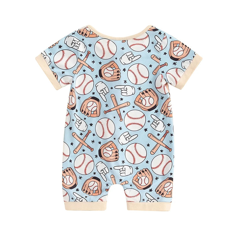 Baby Boys Girls Short Sleeve Baseball Glove Bat Print Zip Up Rompers Jumpsuits