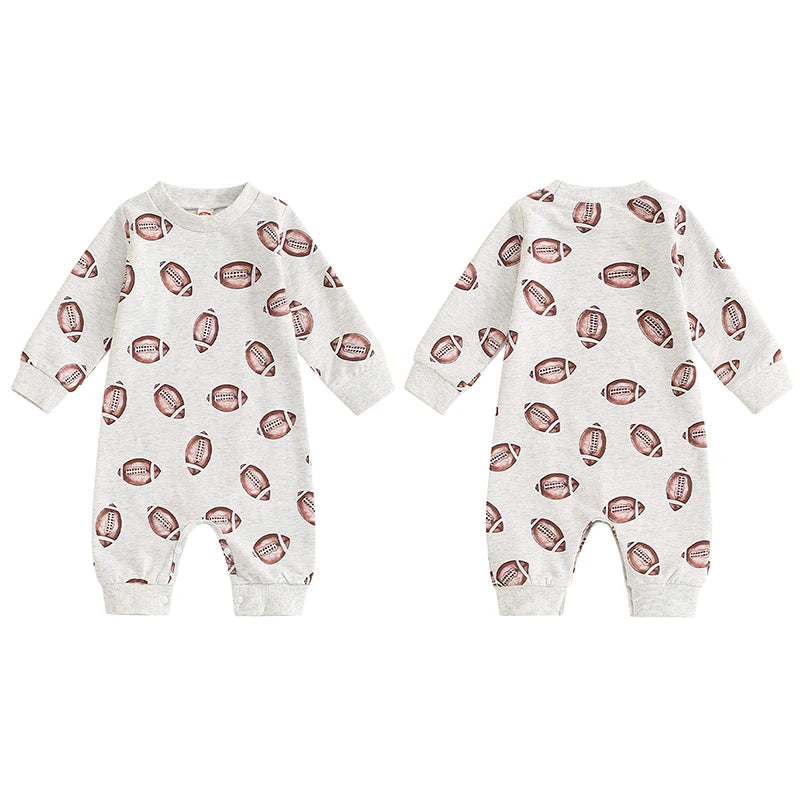 Baby Boys Girls Jumpsuit Long Sleeve Round Neck Football Print Romper