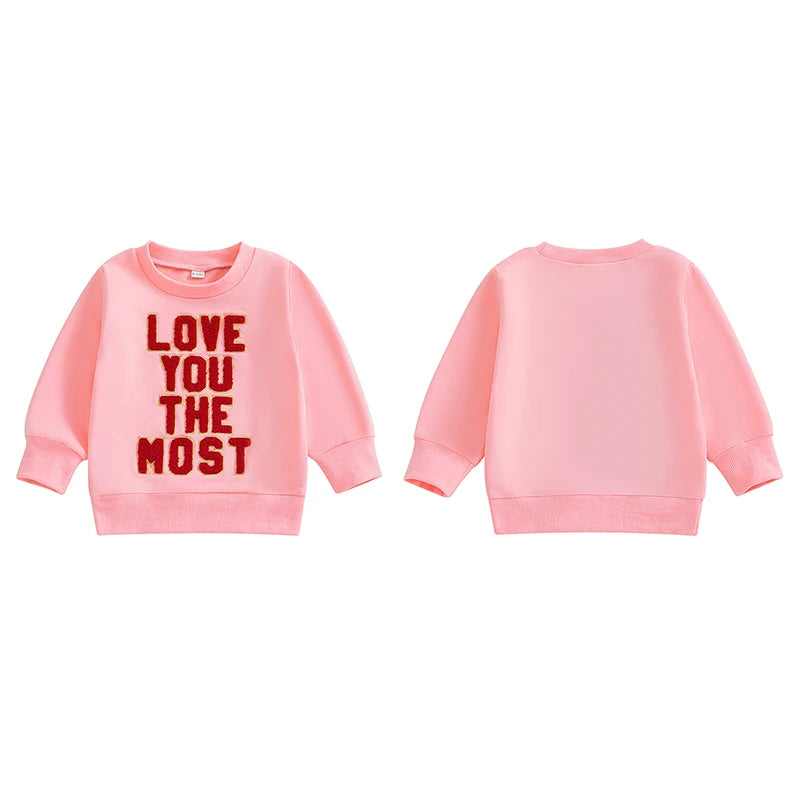 Baby Toddler Girls Boys Love You The Most Valentine's Day Letter Embroidery Long Sleeve Pullover Casual Top Valentines