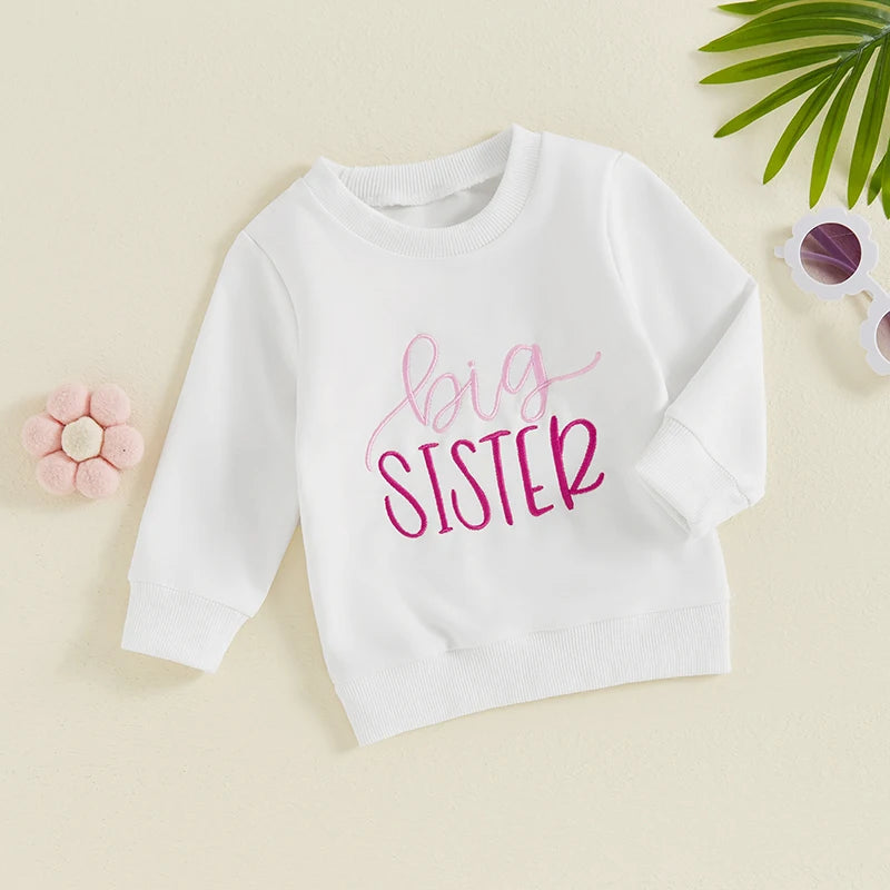 Toddler Kids Girls Letter Big Sister Embroidered Autumn Long Sleeve Round Neck Casual Pullover Top