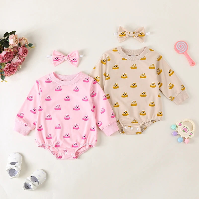 Baby Girl 2Pcs Fall Outfit Long Sleeve Rice Ball Print Romper with Headband Set