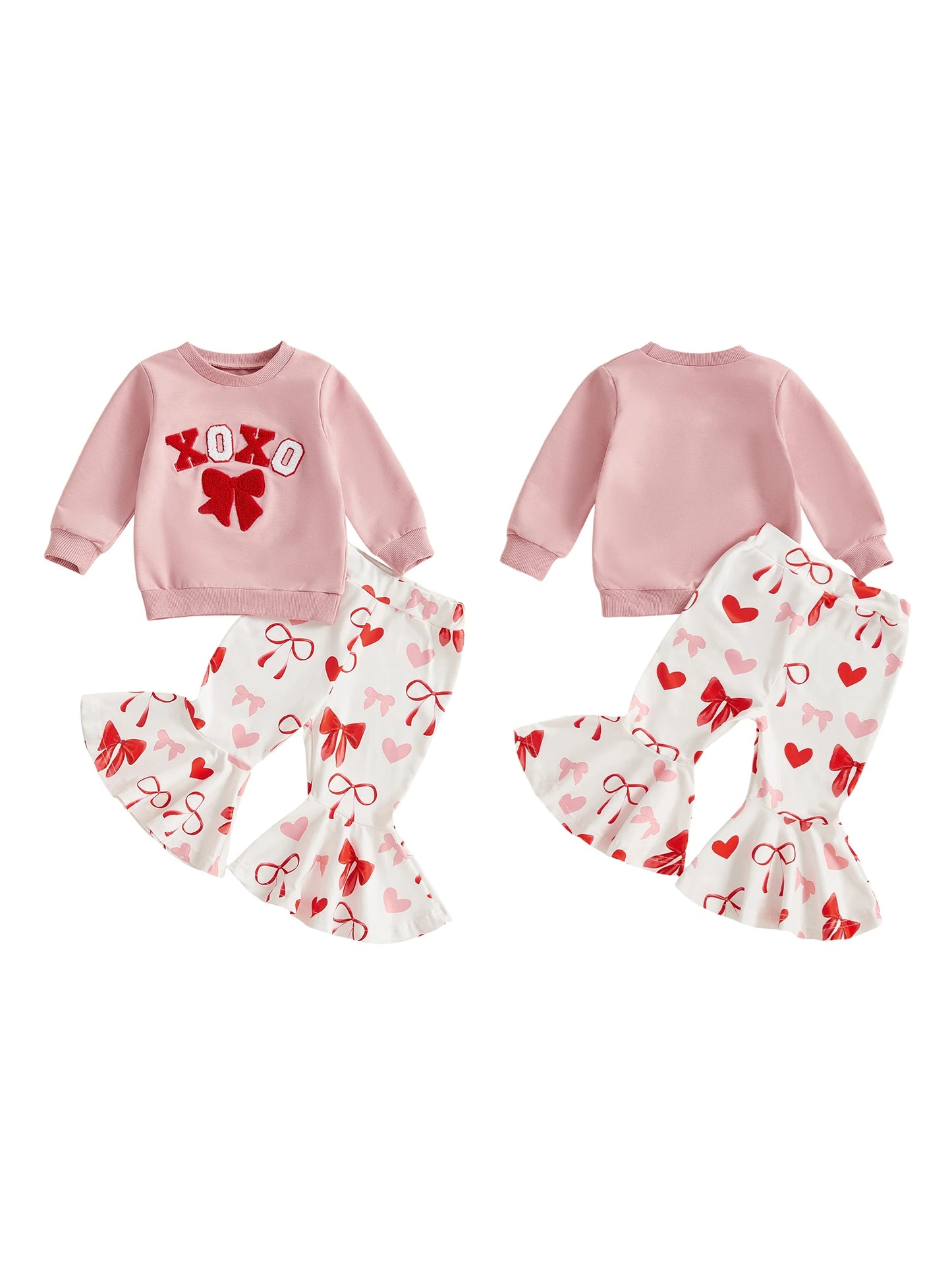 Baby Toddler Girls 2Pcs XOXO Be Mine Valentine's Day Outfit Bow Embroidery Long Sleeve Pullover Top with Bell Bottoms Clothing Set