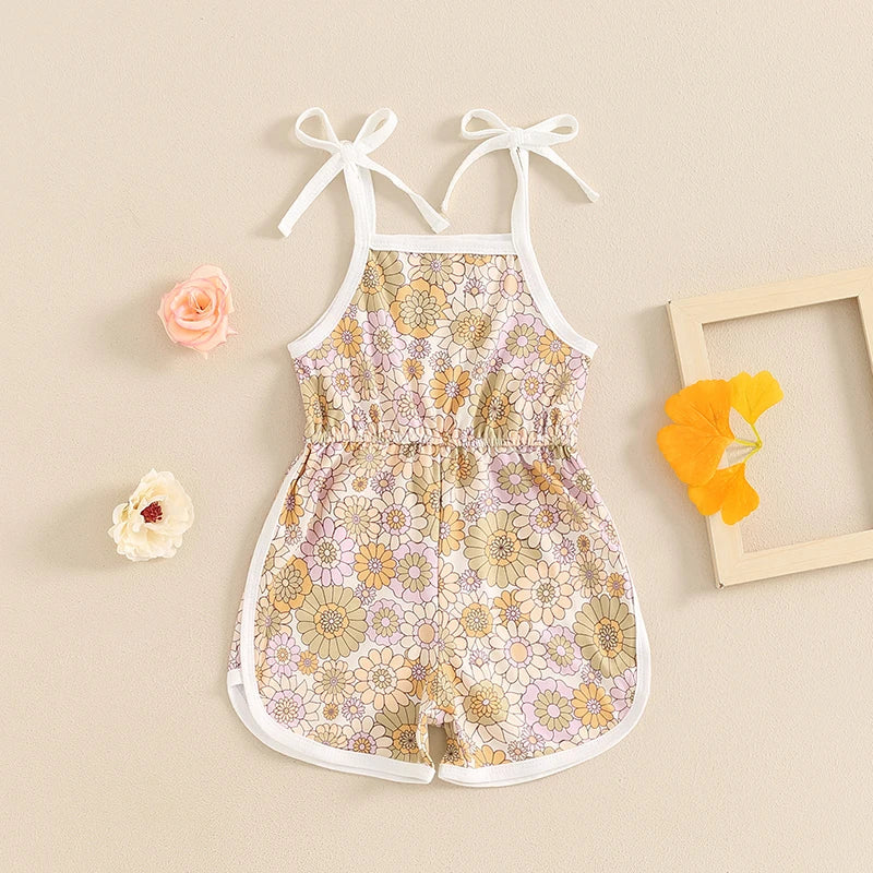 Baby Toddler Girls Summer Jumpsuit Sleeveless Tie Strap Tank Top Elastic Waist Floral Flower Print Romper Shorts Playsuit