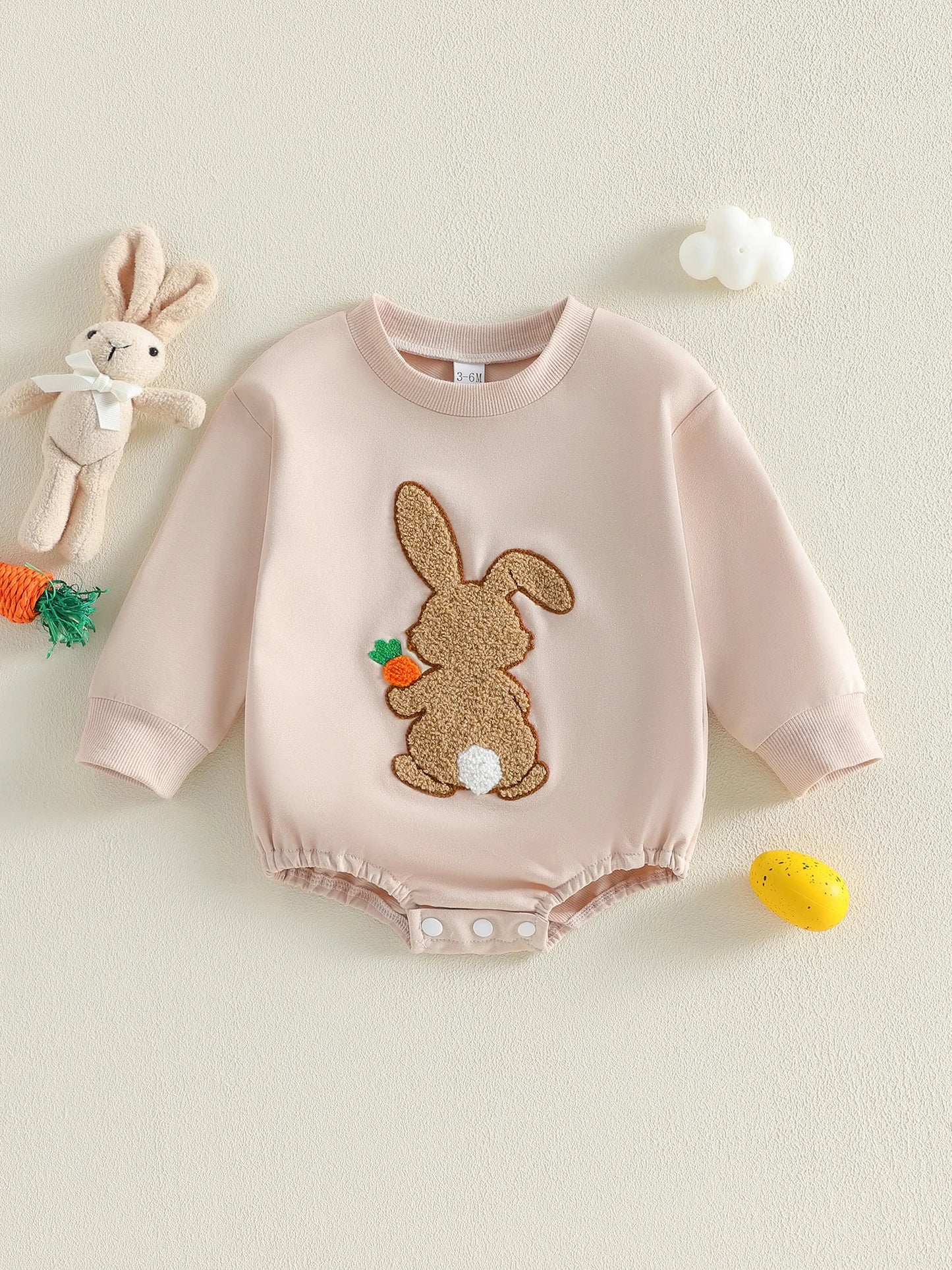 Baby Boys Girls Easter Romper Fashionable Cute Bunny Embroidery Long Sleeve Jumpsuit
