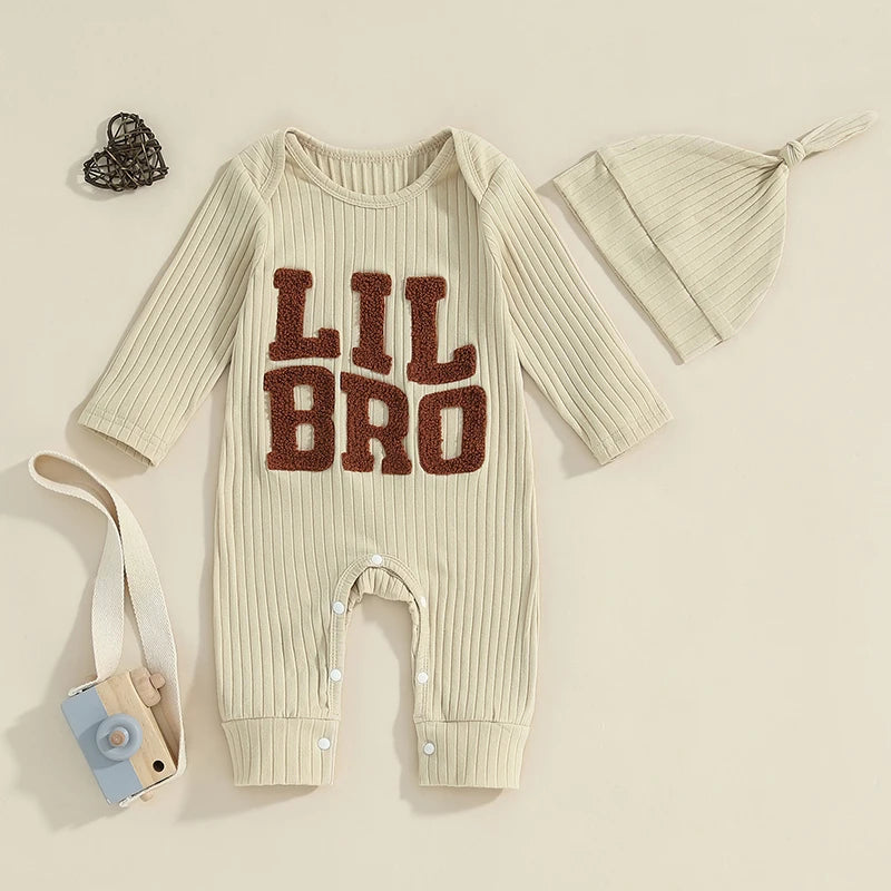 Baby Boy 2Pcs Lil Bro Jumpsuit and Hat Set Long Sleeve Round Neck Letter Print Ribbed Romper with Beanie Outfit