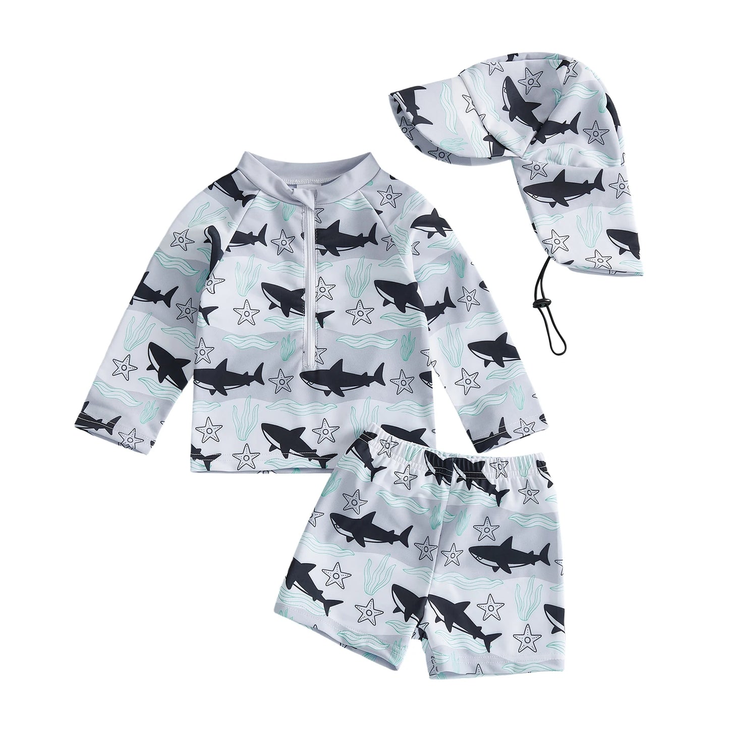 Baby Toddler Boys 3Pcs Rash Guard Swimsuit Print Zip Up Long Sleeve Swimwear Top Swim Shorts and Hat Set