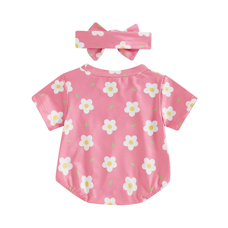 Baby Girl 2Pcs Summer Outfit Short Sleeve Flower Leaf Print Romper with Headband Set