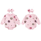 Baby Girls 2Pcs Buble Romper Floral Flowers Print Round Neck Long Sleeve Jumpsuit with Headband Fall Set