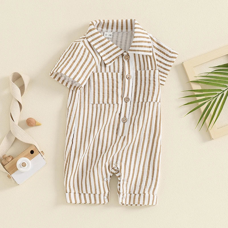 Baby Boy Striped Romper Short Sleeve Front Pocket Single-breasted Button Collar Legs Jumpsuit