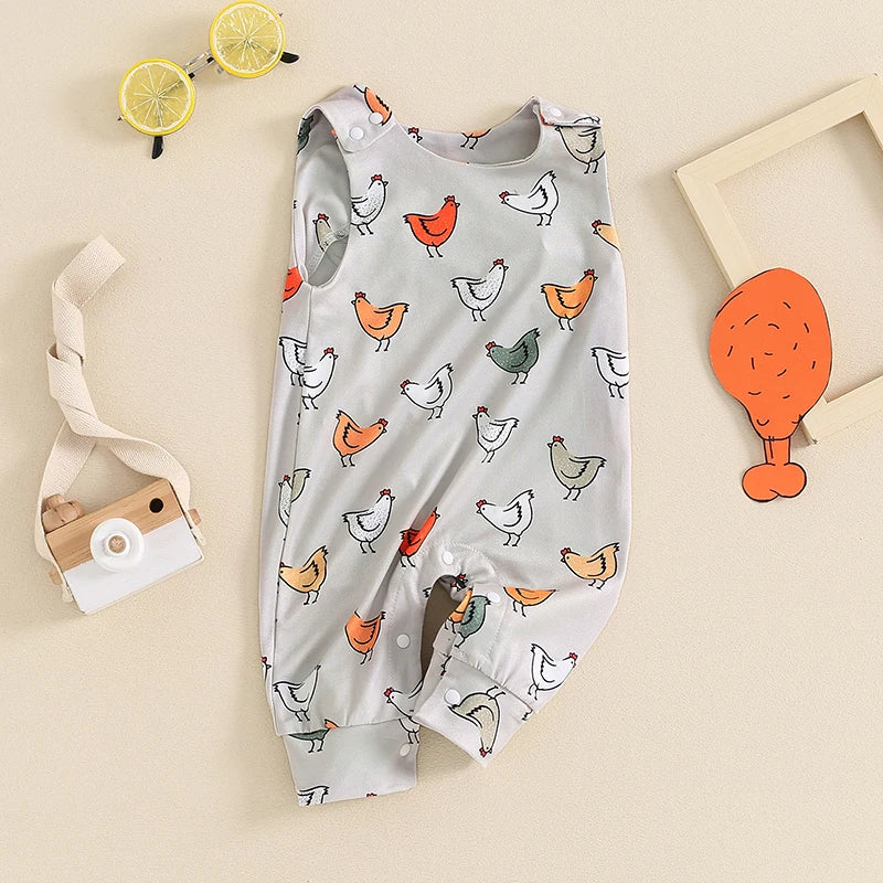 Baby Girls Boys Romper Infant Hen Chicken Print Straps Sleeveless Tank Top Long Leg Bodysuit Summer Clothes Jumpsuits Overalls