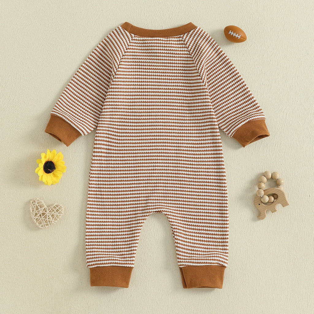 Baby Boy Fall Football Romper Casual Stripe Print Long Sleeve Game Day Jumpsuit