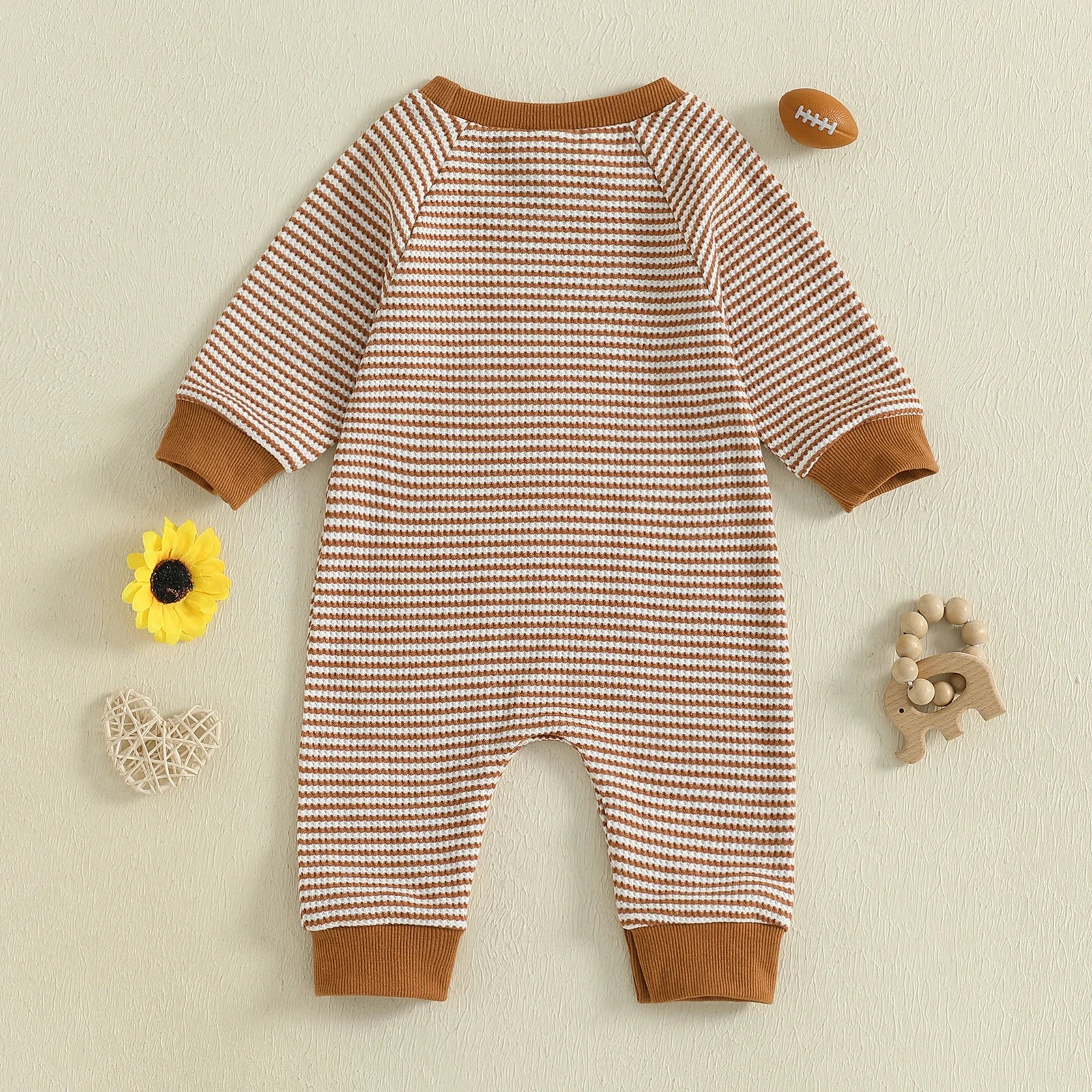 Baby Boy Fall Football Romper Casual Stripe Print Long Sleeve Game Day Jumpsuit
