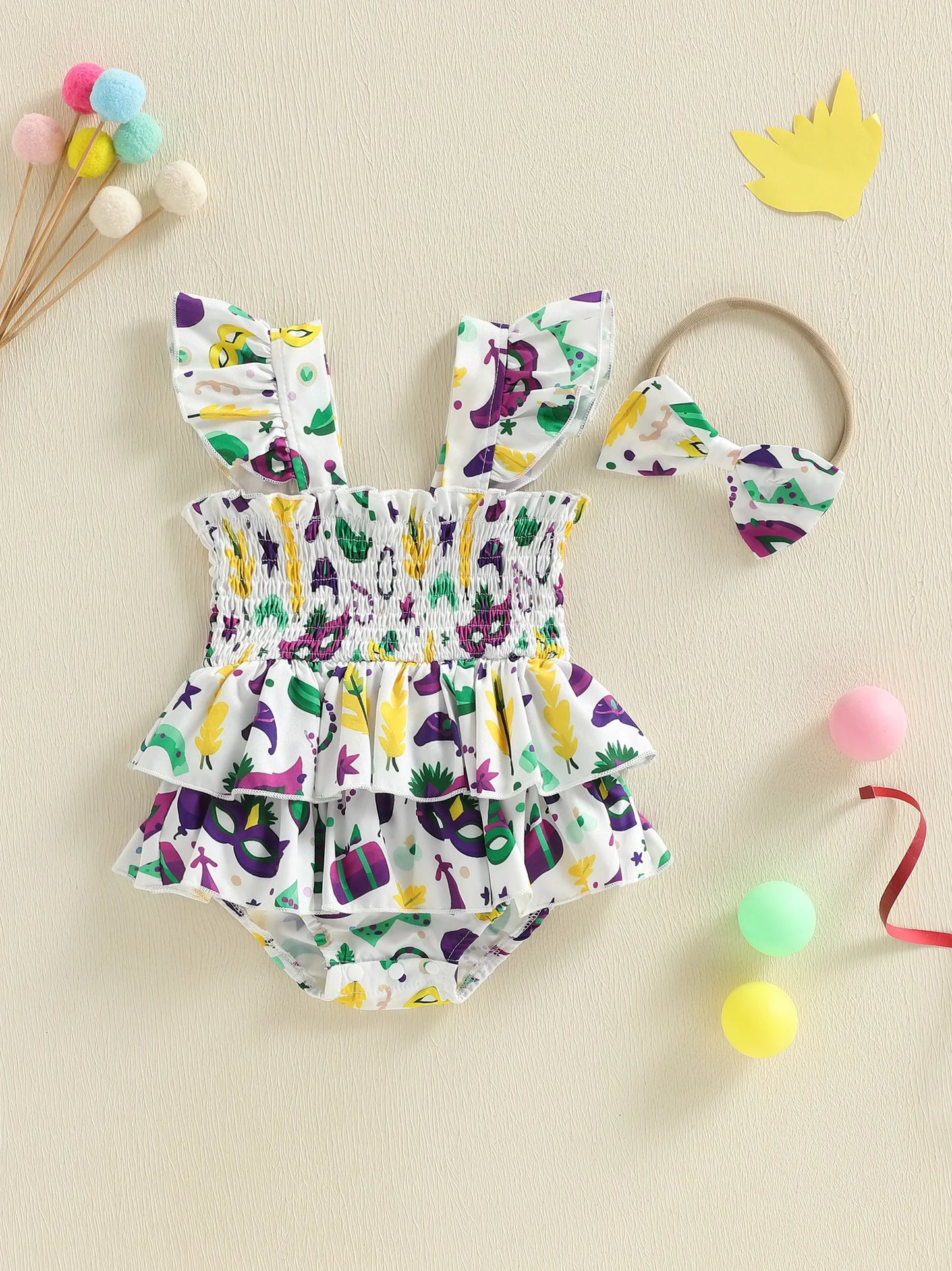 Baby Girl 2Pcs MardiGras Outfit Flying Sleeve Square Neck Mask Print Romper Dress with Bow Headband Set