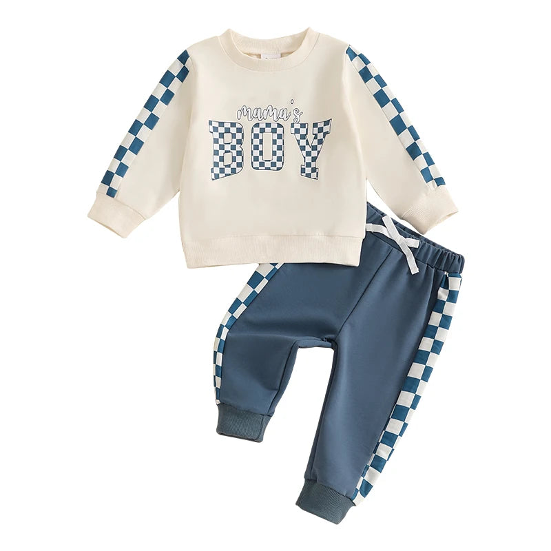 Baby Toddler Boys Girls 2Pcs Mama's Boy / Girl Outfit Checkered Letter Print Long Sleeve Crewneck Top and Elastic Pants Jogger Set