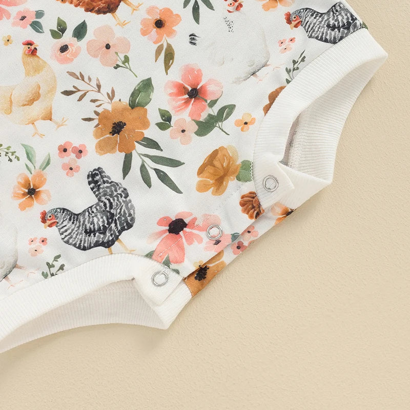 Baby Girls Romper Floral Farm Hen Chicken Flower Print Round Neck Short Sleeve Jumpsuits Casual Clothes