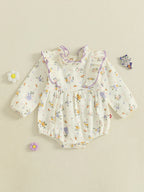 Baby Girl Fall Bubble Romper Floral Print Long Sleeve Frill Mock Neck Ruffled Jumpsuit