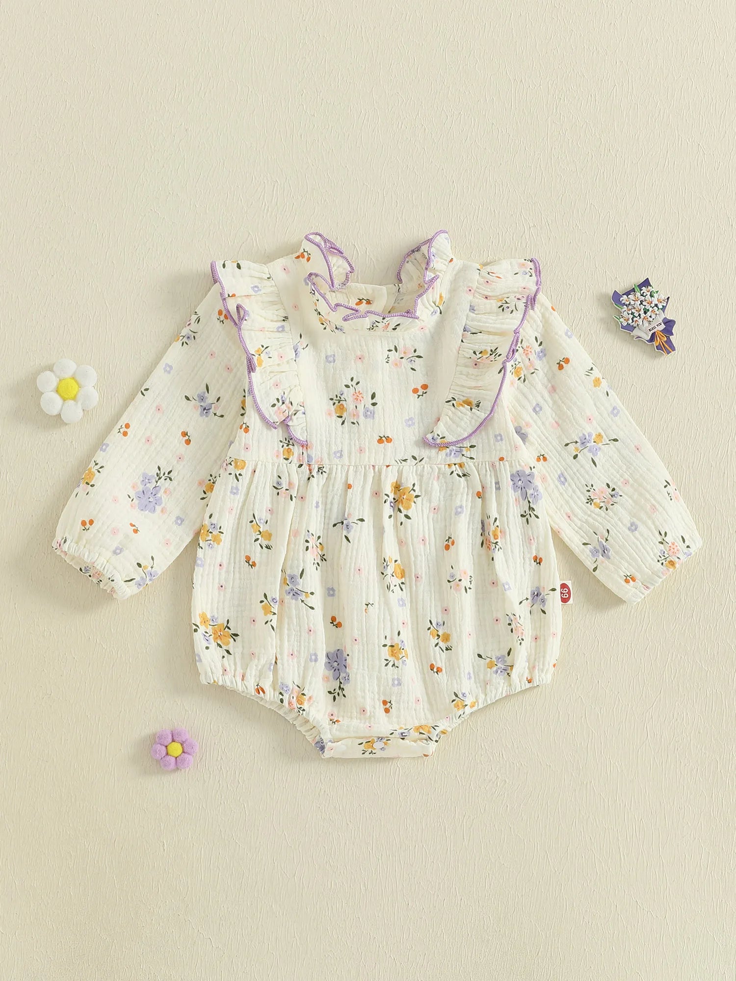 Baby Girl Fall Bubble Romper Floral Print Long Sleeve Frill Mock Neck Ruffled Jumpsuit