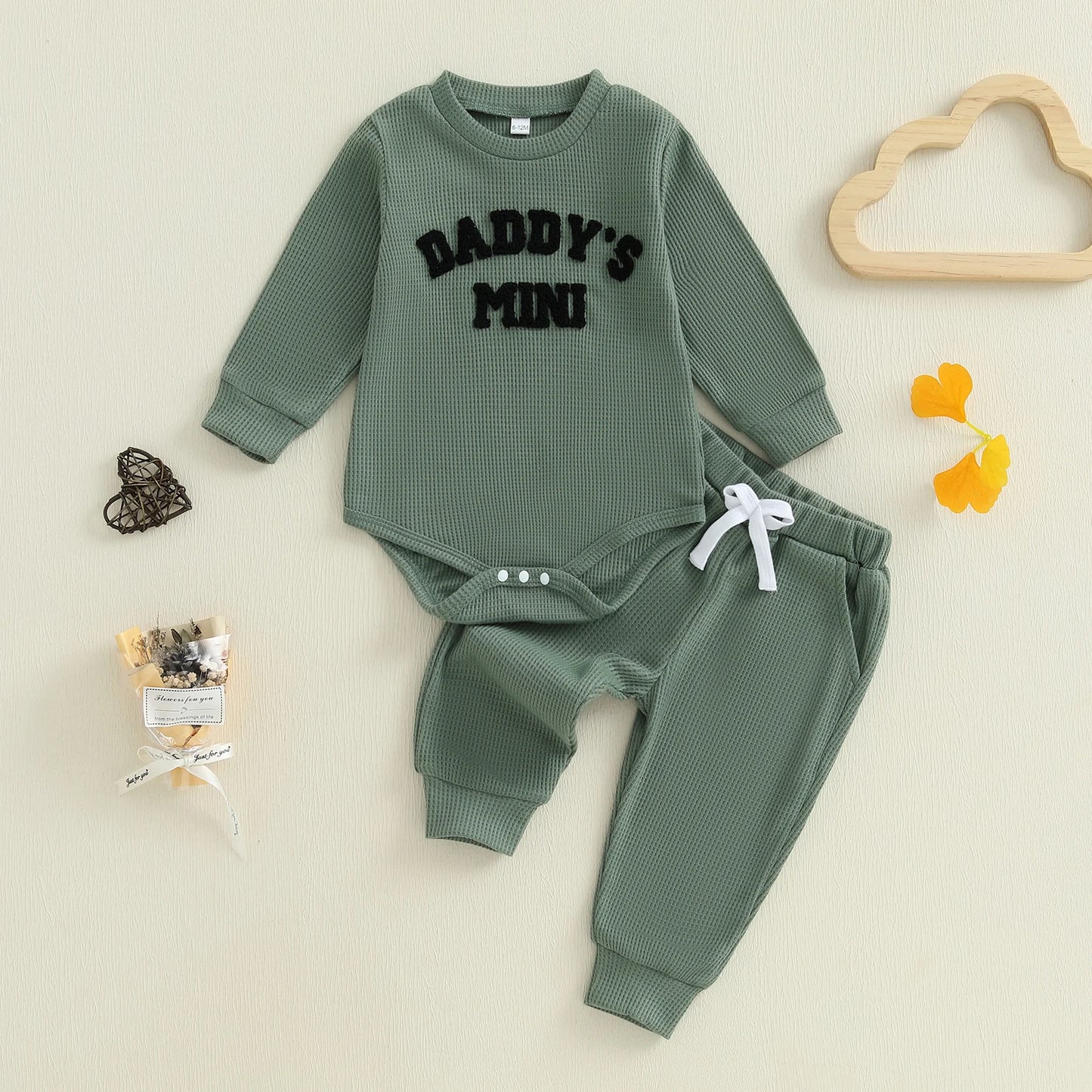 Baby Boy 2Pcs Daddy's Mini Fall Outfit Letter Embroidery Long Sleeve Romper Elastic Waist Jogger Pants 2Pcs Set