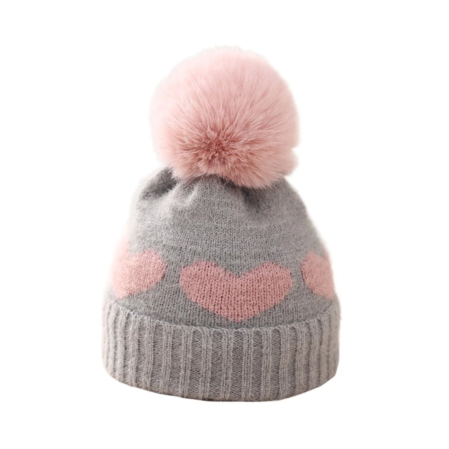 Baby Girl Winter Hat Cute Heart Pattern Plush Pom Pom Knit Beanie Warm