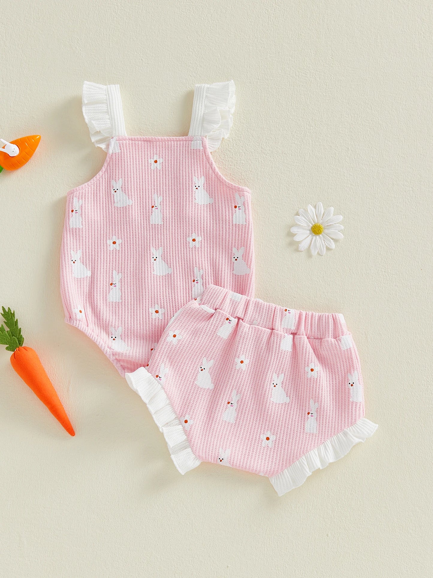 Baby Girl 2Pcs Easter Outfit Square Neck Ruffle Sleeveless Bunny Floral Print Romper Elastic Waist Bloomer Shorts Set