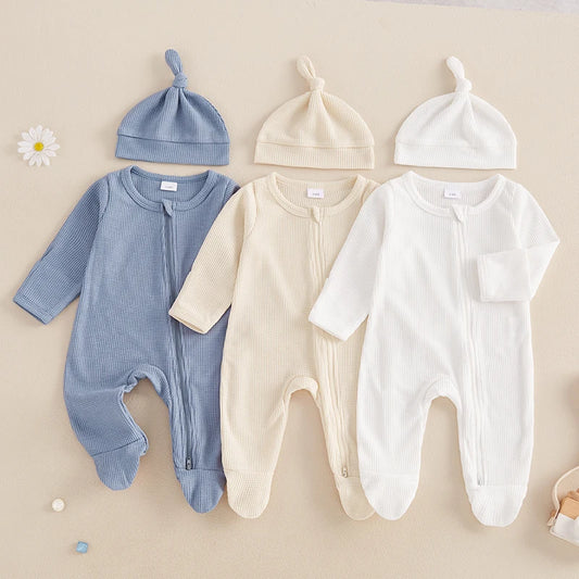 Baby Boys Girls 2Pcs Fall Footed Zipper Romper Solid Color Waffle Long Sleeve Crew Neck Jumpsuit with Hat Set Outfit