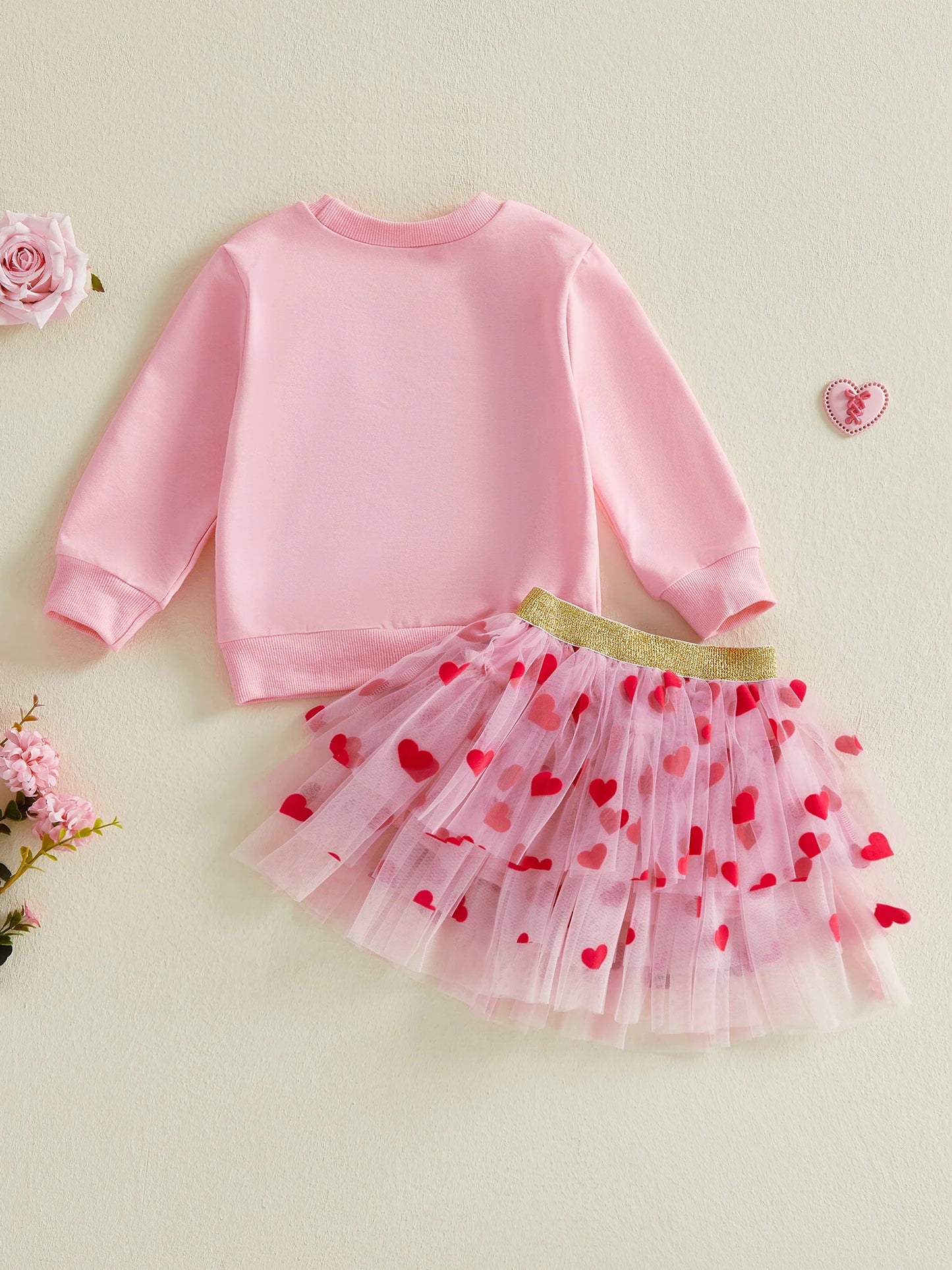 Baby Toddler Girls 2Pcs Be Mine Valentine's Day Outfit Letter Bow Embroidered Long Sleeve Top and Heart Print Mesh Tutu Skirt Set