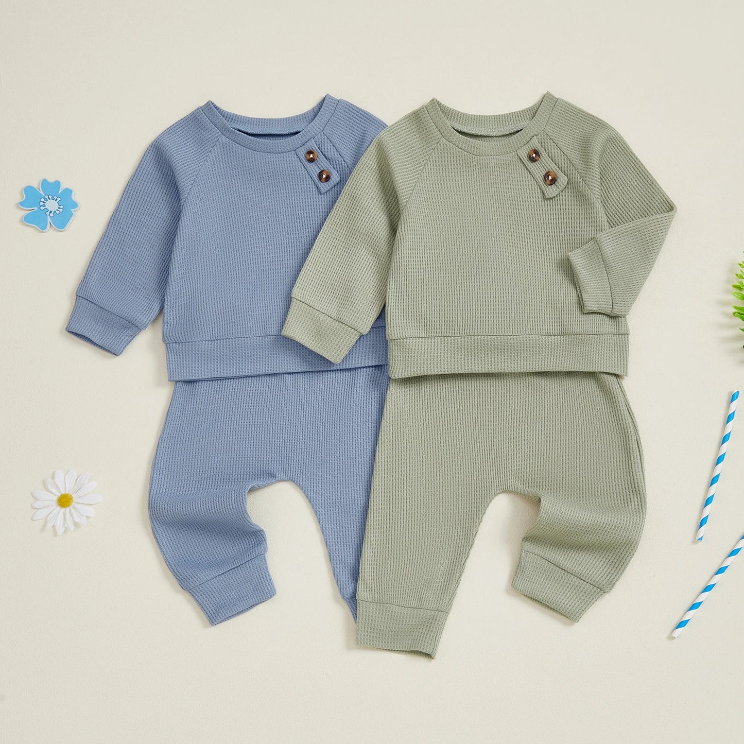 Baby Toddler Boys Winter Fall Outfit Solid Button Long Sleeve Top and Elastic Waist Pants 2Piece Waffle Set