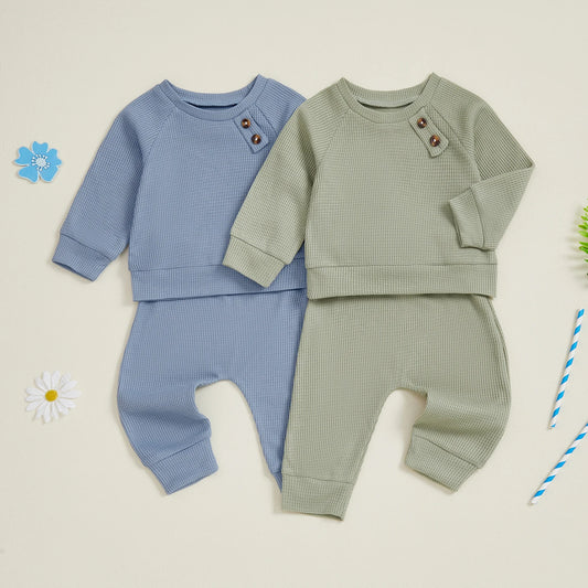 Baby Toddler Boys Winter Fall Outfit Solid Button Long Sleeve Top and Elastic Waist Pants 2Piece Waffle Set