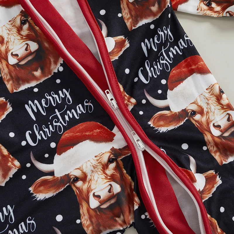 Baby Boys Girls Christmas Jumpsuit Bull Cow Santa Hat Merry Christmas Letter Print Round Neck Long Sleeve Zipper Romper