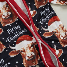 Load image into Gallery viewer, Baby Boys Girls Christmas Jumpsuit Bull Cow Santa Hat Merry Christmas Letter Print Round Neck Long Sleeve Zipper Romper
