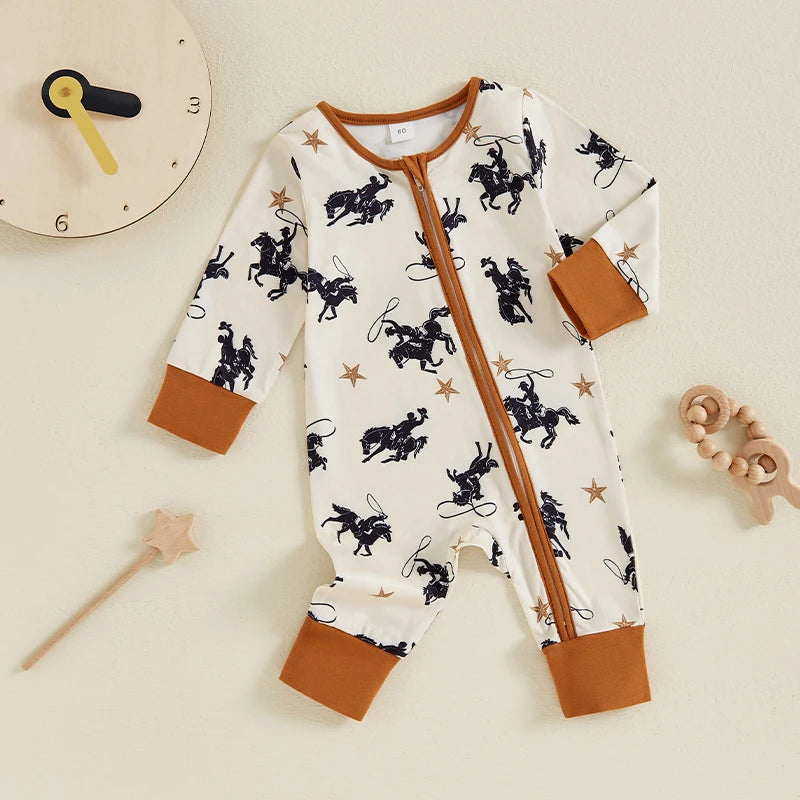 Baby Boy Zipper Romper Casual Western Cowboy Horse Print Long Sleeve Jumpsuit