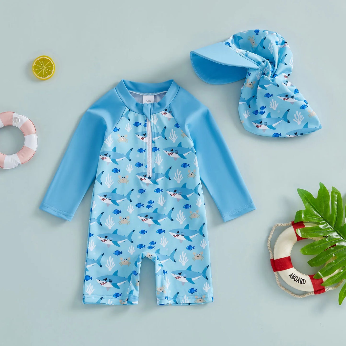 Baby Toddler Boy 2Pcs Rash Guard Swimsuit Shark Duck Print Long Sleeve Zip Up Bathing Suit with Sun Cap Hat Set