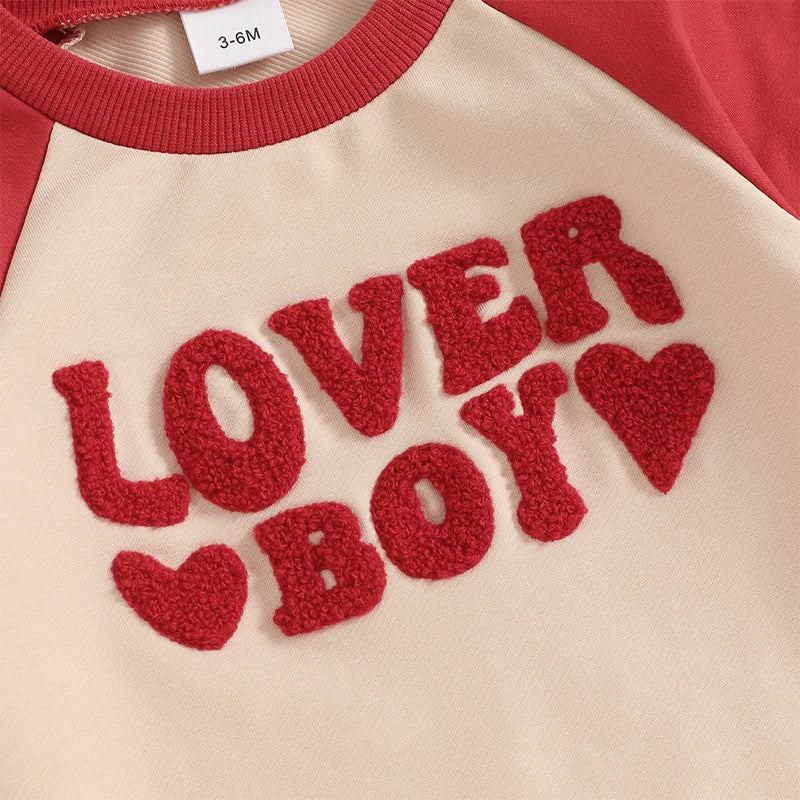 Baby Boys Lover Boy Valentine's Day Romper Heart Letter Embroidery Long Sleeve Crew Neck Raglan Valentines Jumpsuit