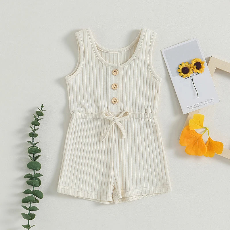 Baby Toddler Girls Ribbed Solid Color Tank Top Jumpsuit Button Down Romper