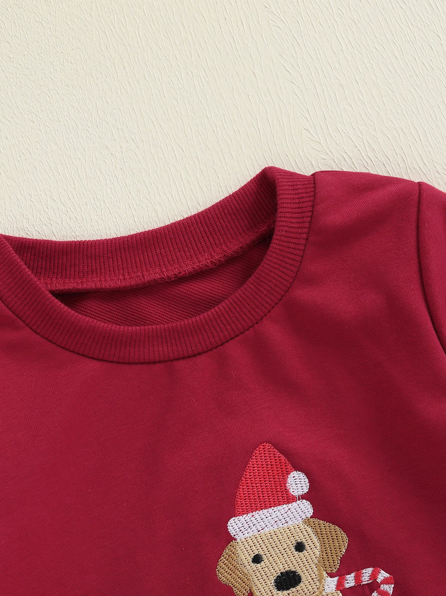 Baby Toddler Girls Boys 2Pcs Christmas Outfit Dog Embroidered Crew Neck Long Sleeve Top and Plaid Pants Set