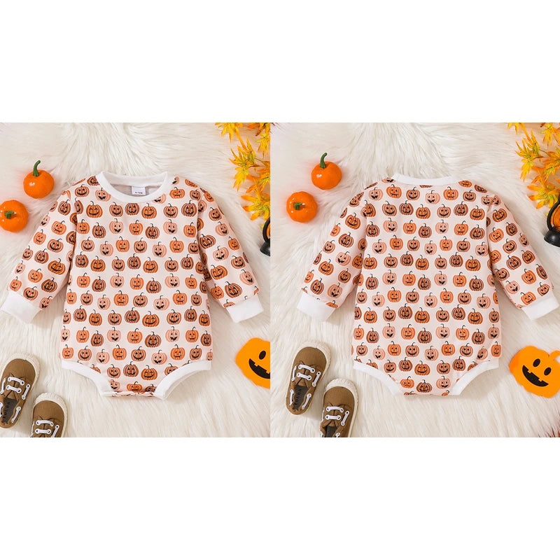 Baby Boys Girls Romper Long Sleeve Crew Neck Pumpkin Print Fall Bodysuit Halloween Jumpsuit