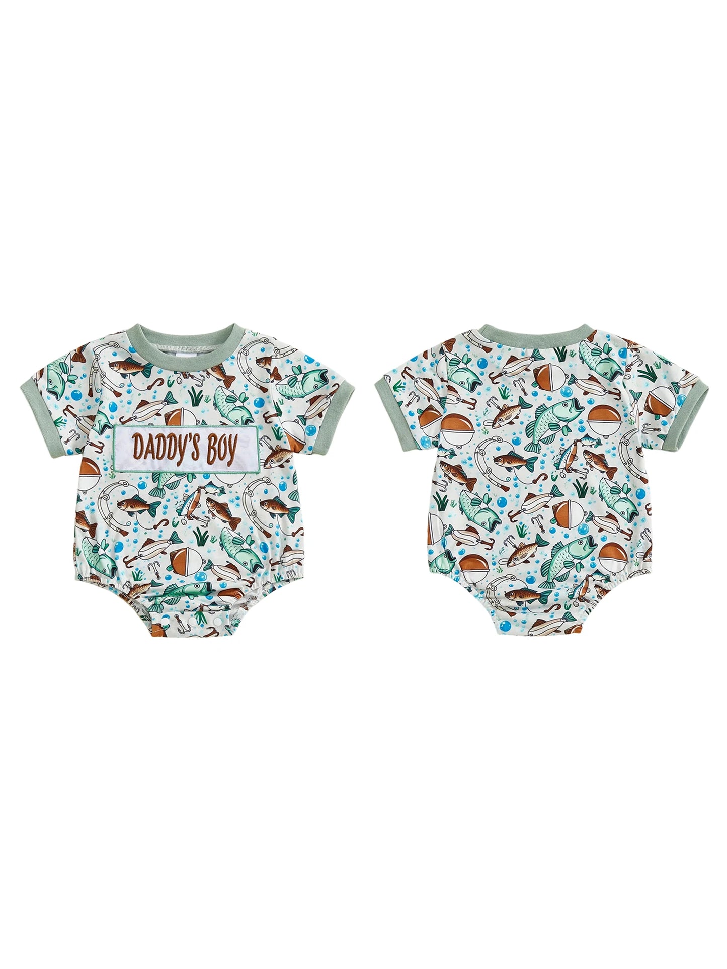 Baby Boy Daddy's Buddy / Boy Romper Adorable Fish Print Letter Embroidery Short Sleeve Round Neck Jumpsuit
