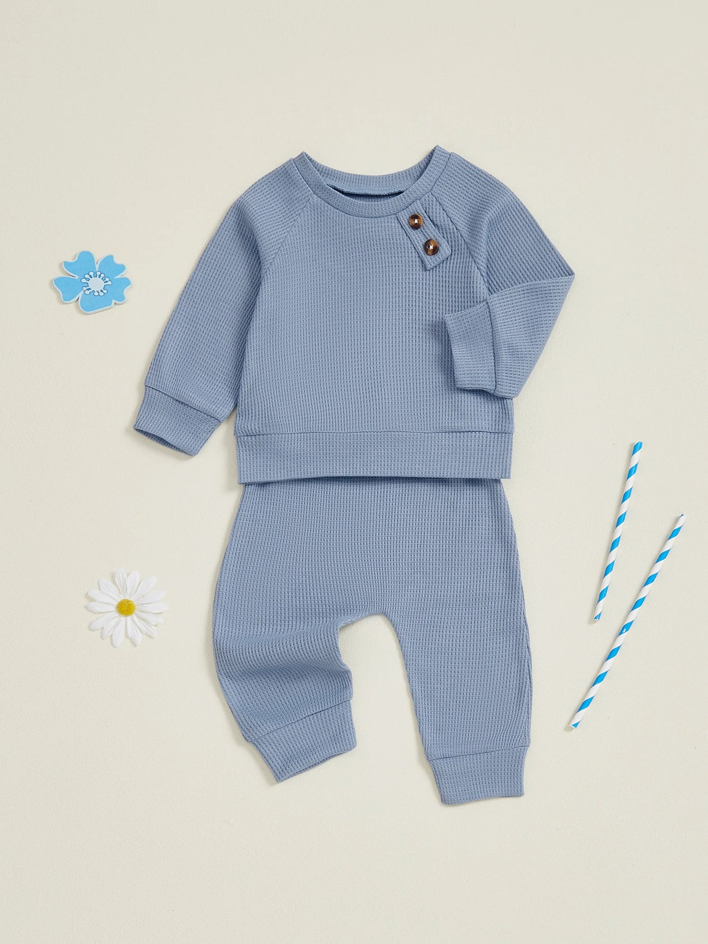 Baby Toddler Boys Winter Fall Outfit Solid Button Long Sleeve Top and Elastic Waist Pants 2Piece Waffle Set