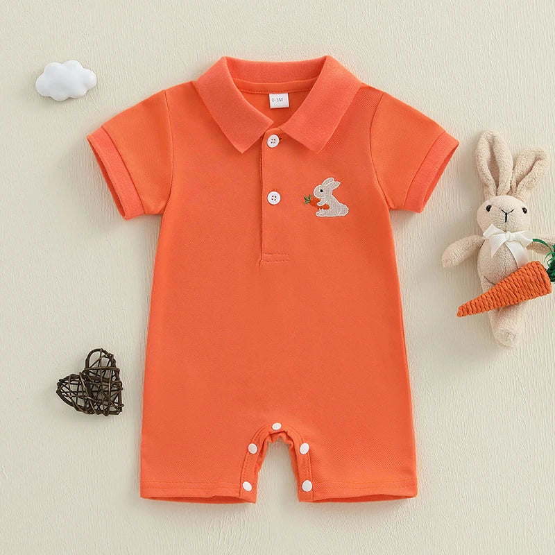 Baby Boys Easter Romper Spring Short Sleeve Lapel Collar Bunny Rabbit Embroidery Jumpsuit Playsuit