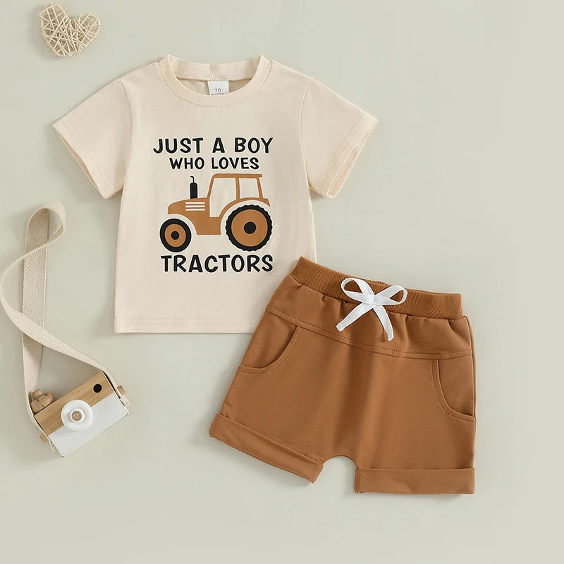 Baby Toddler Boys 2Pcs Summer Outfit Just A Boy Who Loves Tractors Letter Print Round Neck Short Sleeve Top with Solid Shorts Set